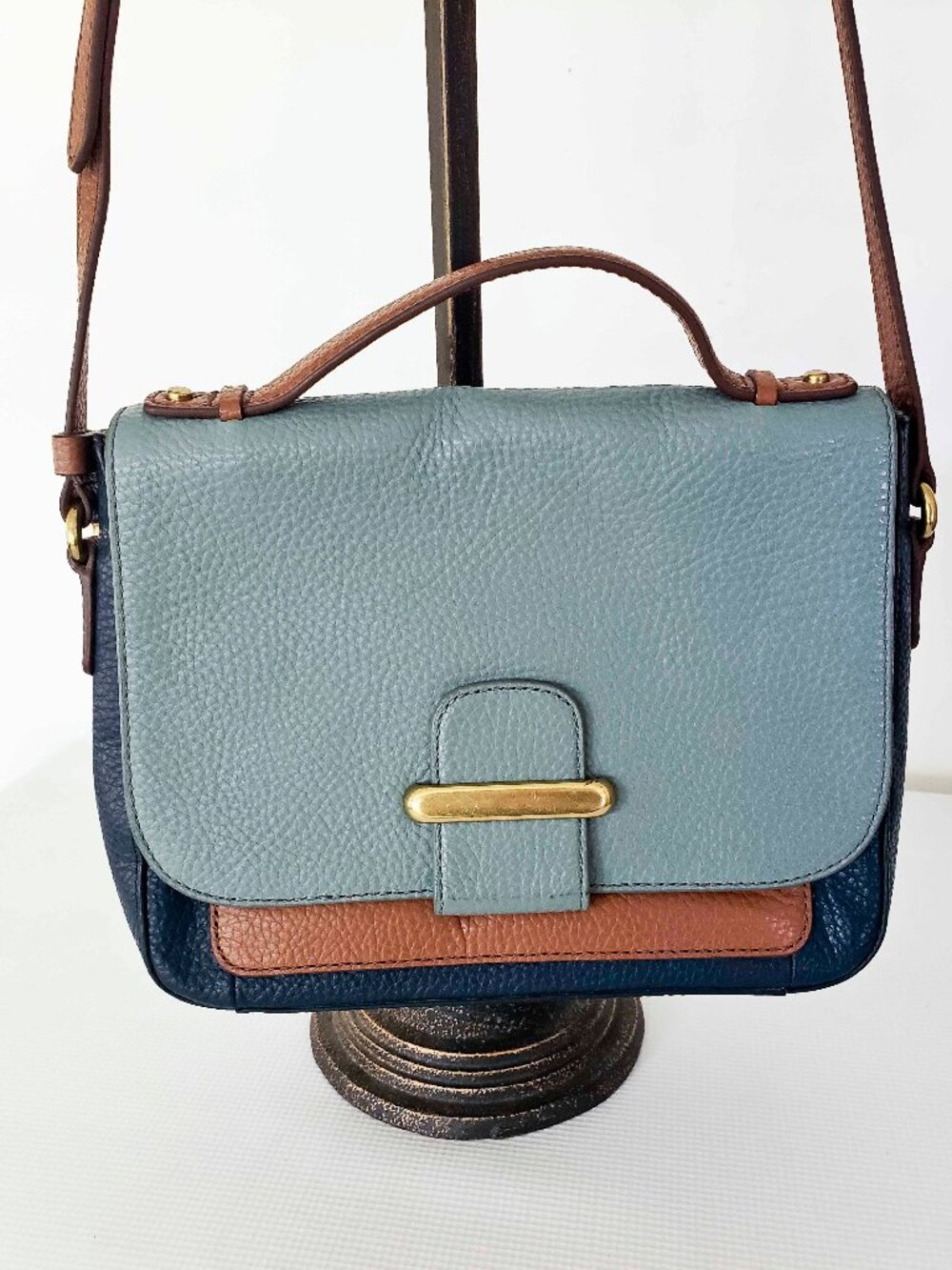 Fossil 3-Tone Blue Brown Pebbled Leather Crossbody Bag